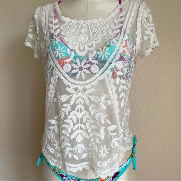 Xhilaration Sheer Lace Embroidered Boho Beach Coverup Top Size XS - Picture 4 of 12
